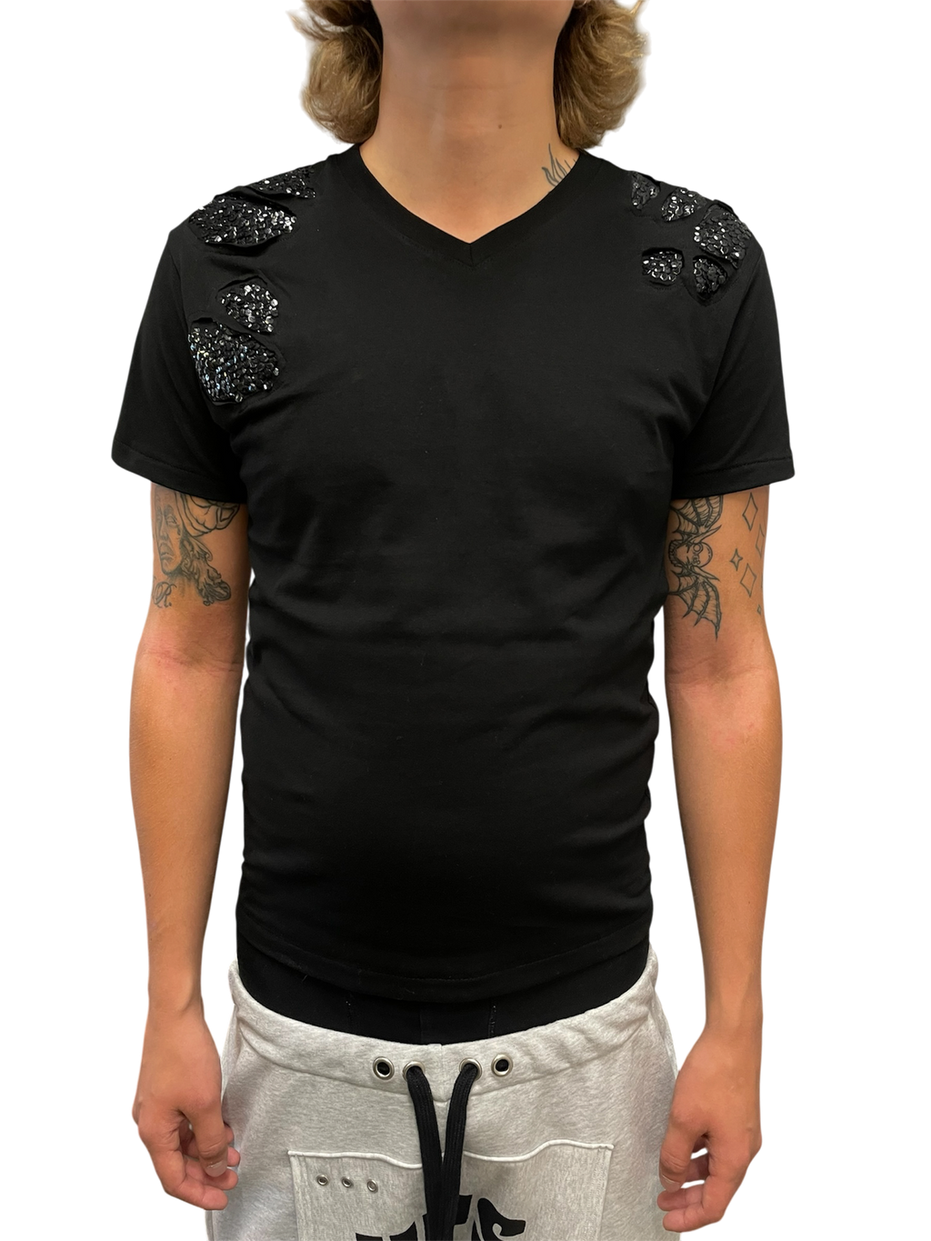 Distressed sequin v-neck T-shirt